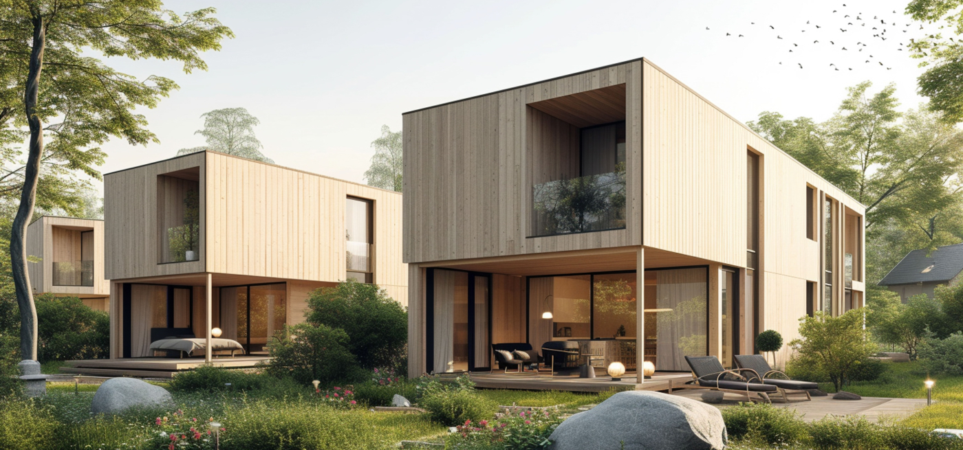 Casas modernas de madeira com grandes janelas panorâmicas, rodeadas por jardim verde e árvores, sob luz suave ao entardecer. Arquitetura contemporânea sustentável, representando habitação ecológica e eficiente.